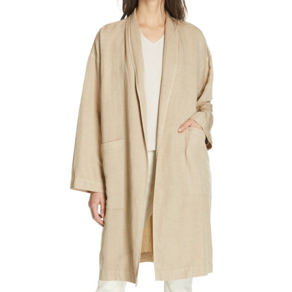 NWT Eileen Fisher Khaki Tencel/Linen Hi. Collar Jacket